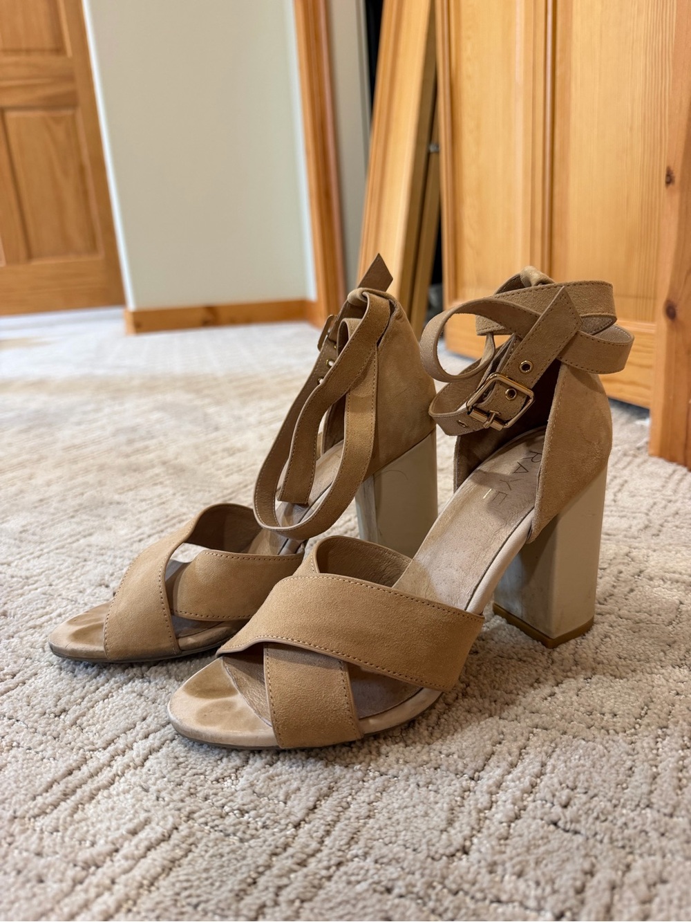 Raye - Tan Suede Block Heel Sandals with Ankle Strap